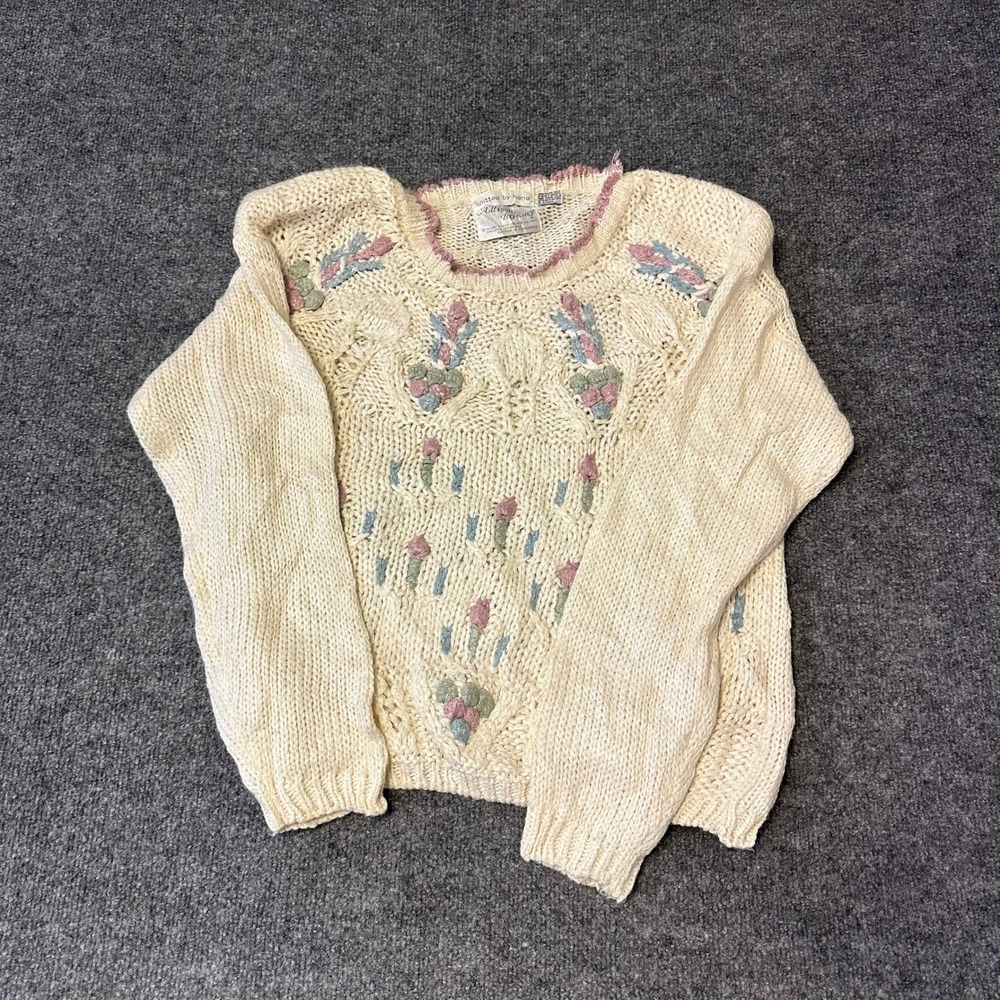 Allison Brittney Sweater Womens Size L Cream Hand Knitted Ramie Floral Vintage